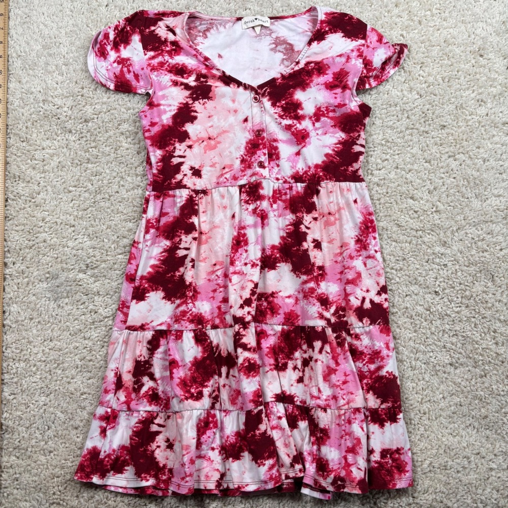 Derek Heart Girls Pink Burgundy‎ Tie Dye Tiered Button Front Cap Sleeve Dress M